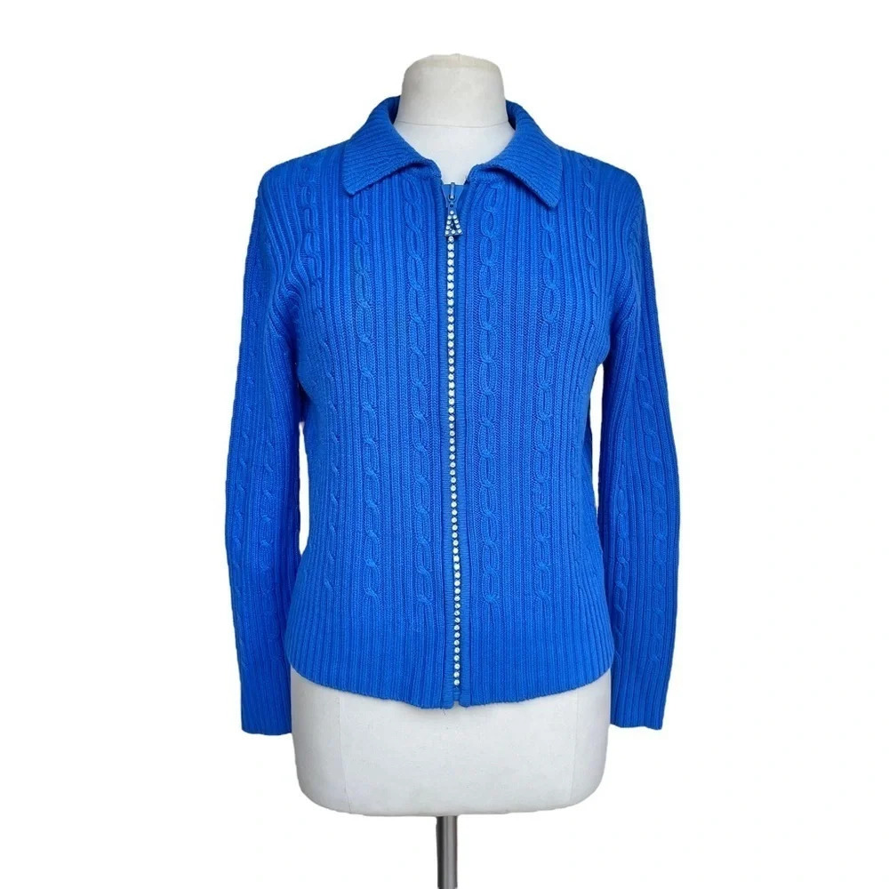 BC BLACK CAL FASHION Sz L Blue Studs Full-zip Long Sleeve Knit Cardigan Sweater